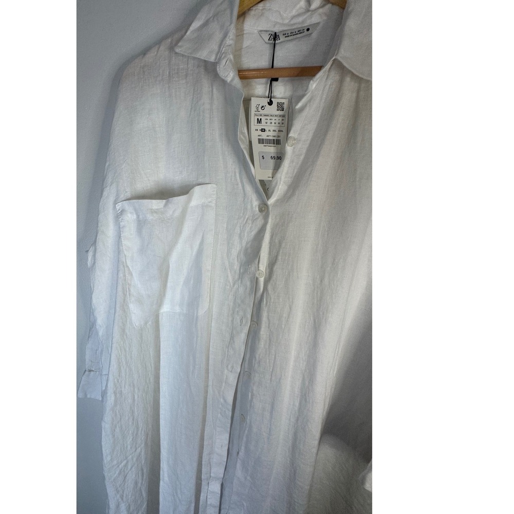 Zara White 100% Linen Shirt Dress Womens M Oversized Lagenlook Coastal Beachy - Picture 7 of 8
